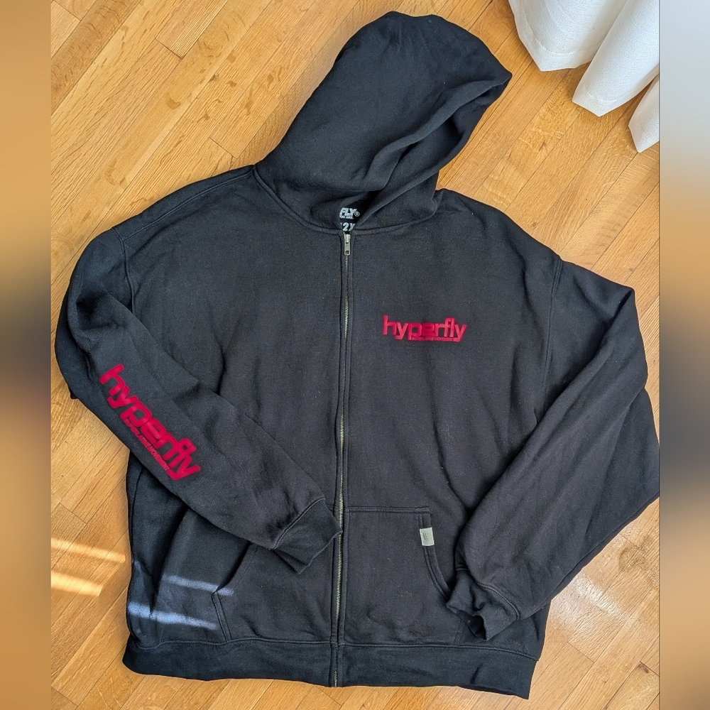 Hyperfly Men's Black Hyperfly Zip-Up Hoodie with Red Letter Detail. Size 2XL
